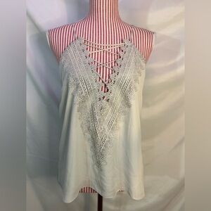 NWT Wayf Light Gray Slinky Deep V-Neck Lace Detail Tank Top Blouse Size Medium